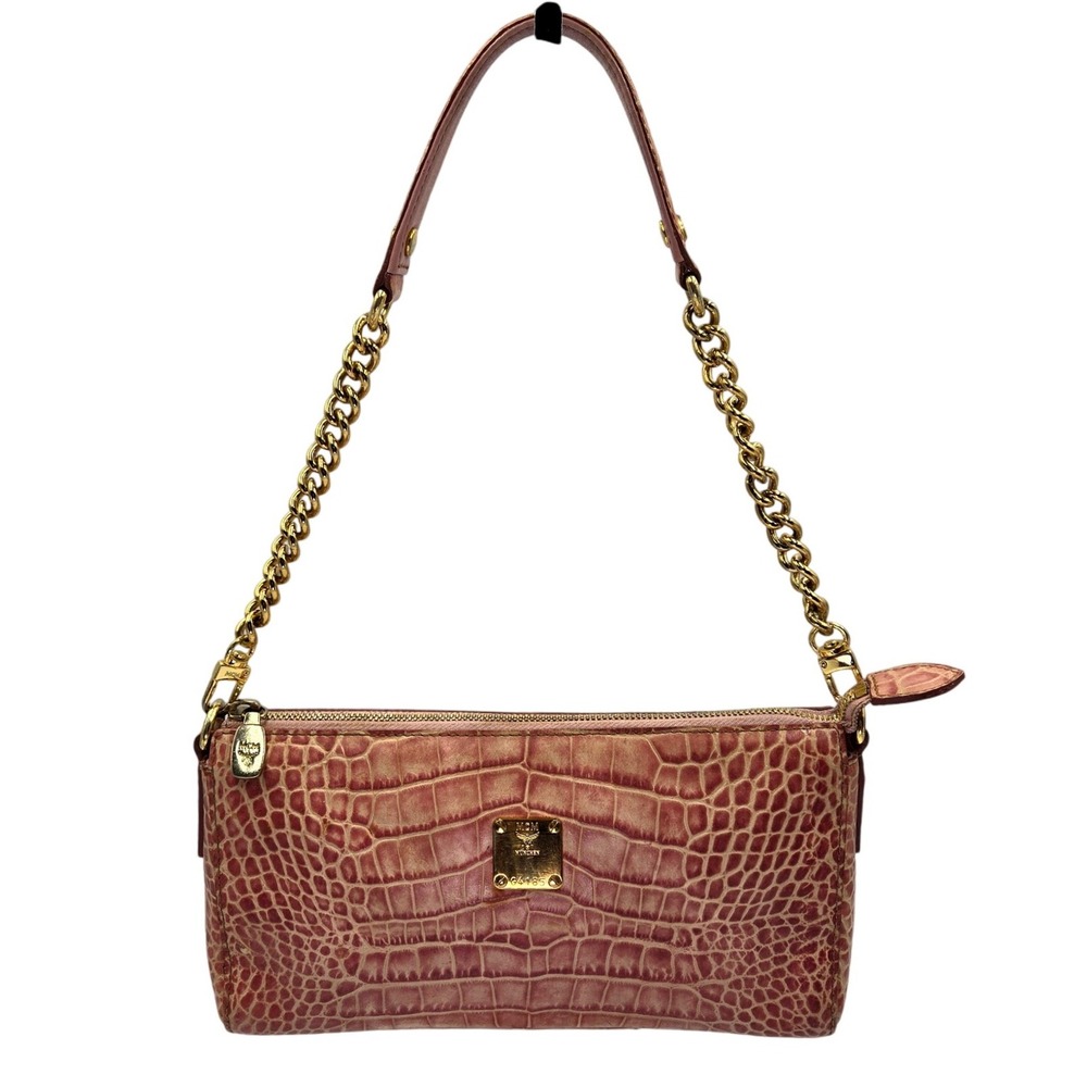 MCM Pink Croc Embossed Leather Chain Shoulder Bag Pouch G4185 Authenticated